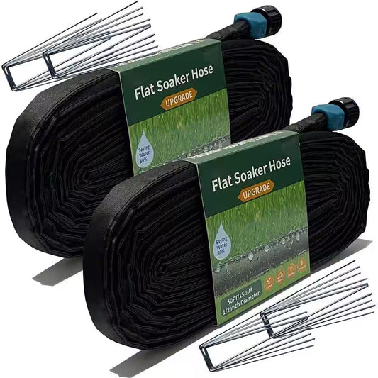 100 Ft. Flat Soaker Hose W/ Stakes for Garden, Linkable Drip Hose for DIY Irrigation System, Dual-Layer Leak-Free Design