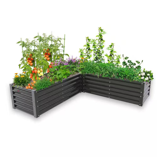 74 In. L-Shaped Gray Metal Planter Box Raised Garden Bed for Planting Vegetables Flowers