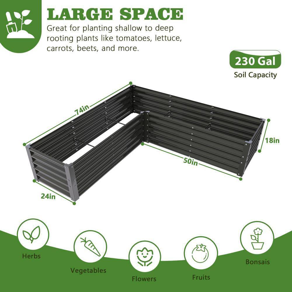 74 In. L-Shaped Gray Metal Planter Box Raised Garden Bed for Planting Vegetables Flowers