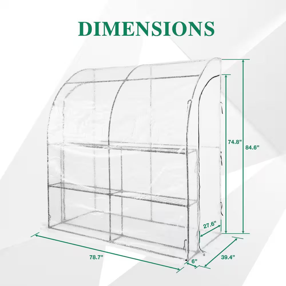 40 In. W X 79 In. D X 85 In. H Outdoor Lean to Walk-In Tunnel Portable Greenhouse with Shelf, White