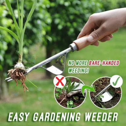 Stainless Steel Wood Handle Garden Weeder , Multifunction Weeder Transplant Garden Tool