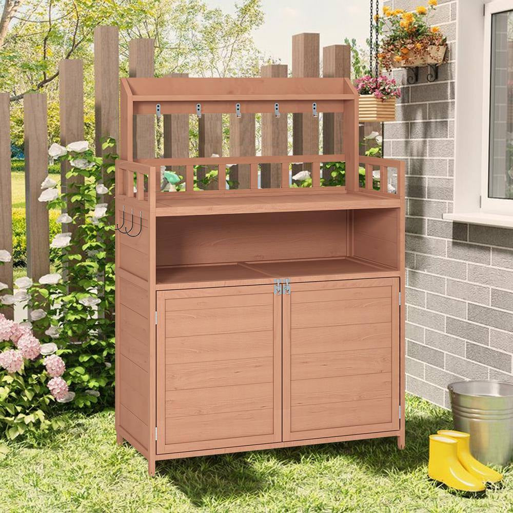 112 Gal. 55.12 In. H X 39.37 In. W X 18.90 In. D Brown Wooden Outdoor Storage Bench Table with Large Storage Cabinet