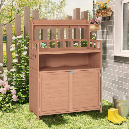 112 Gal. 55.12 In. H X 39.37 In. W X 18.90 In. D Brown Wooden Outdoor Storage Bench Table with Large Storage Cabinet
