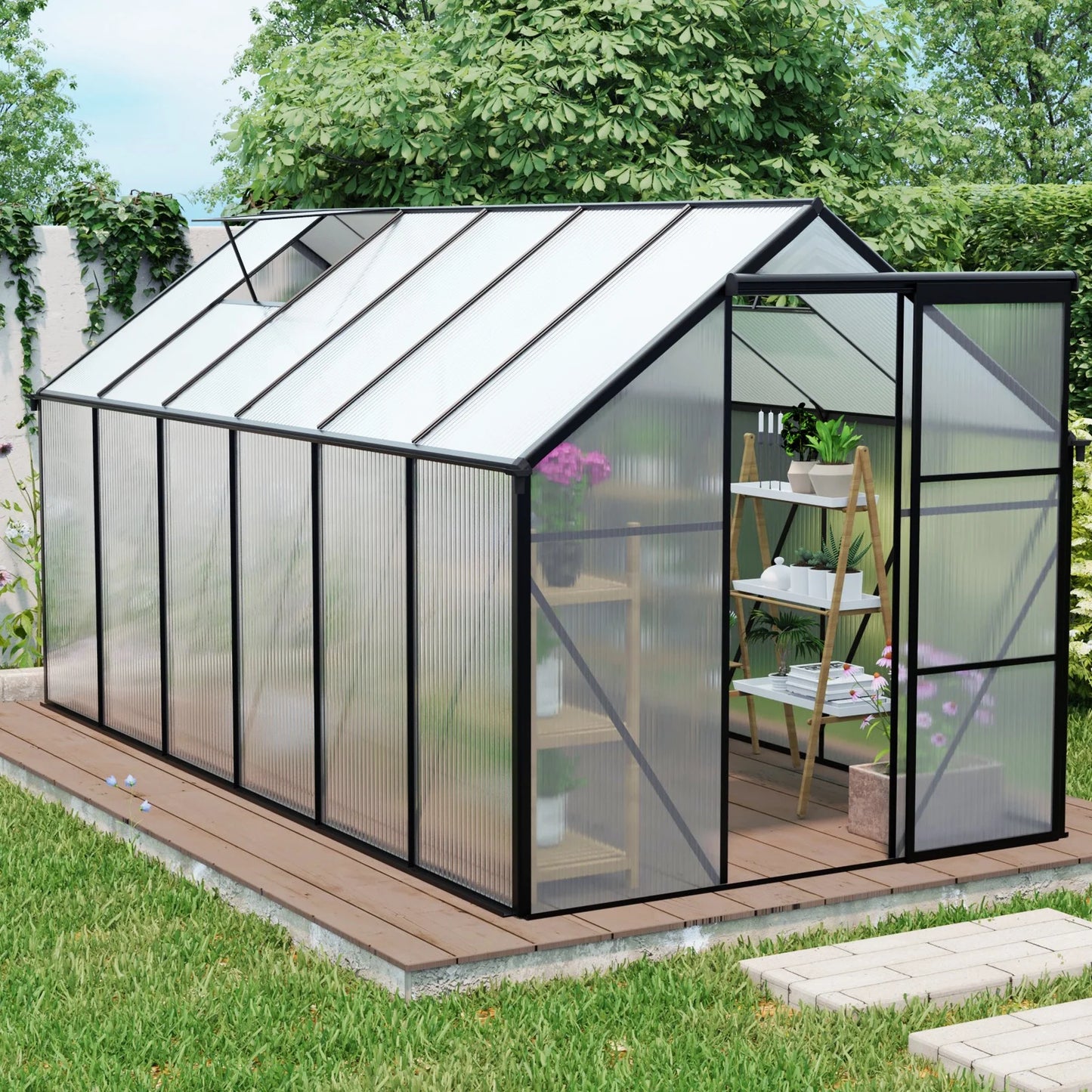 Walk in Greenhouse, Garden Greenhouse for Outdoors, Upgraded Polycarbonate Plant Greenhouse with Sliding Door, Adjustable Roof Vent, 6X12Ft, TE3067