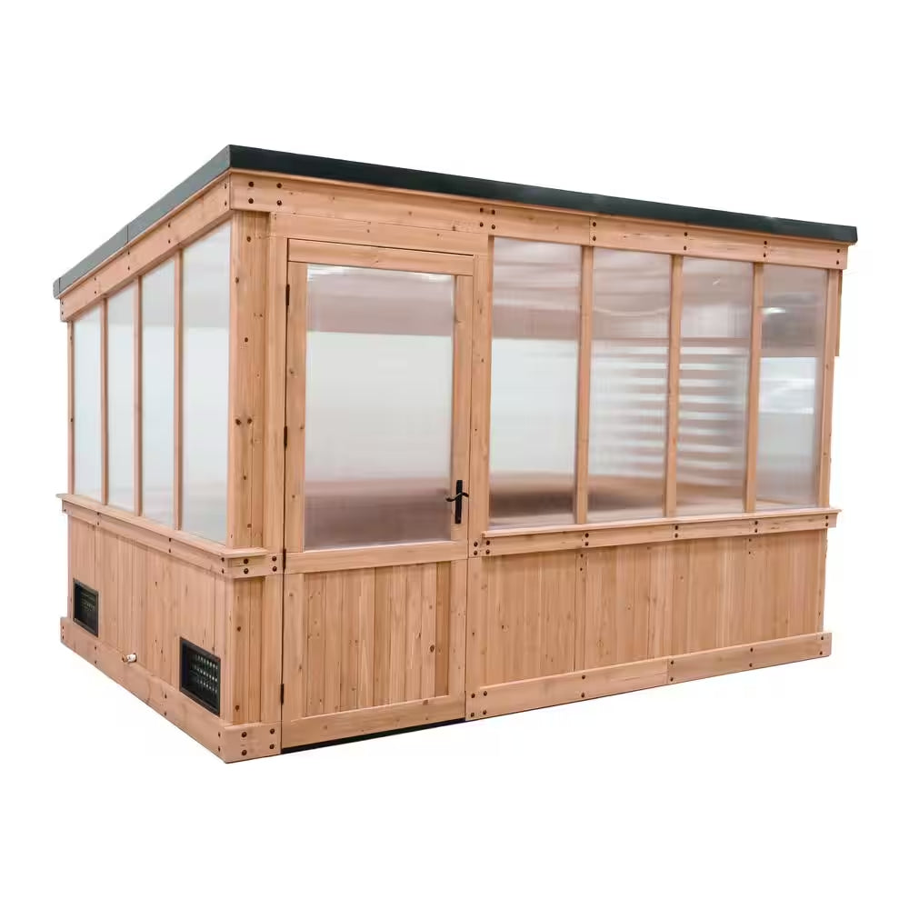 Zalie 12 Ft. X 7 Ft. X 7 Ft. 2 In. All Cedar Natural Wood Modern Greenhouse with Temperature Activated Exhaust Fan