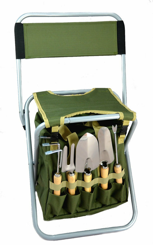 10-Piece Gardening Tool Set Folding Stool Seat with Zippered Detachable Tote