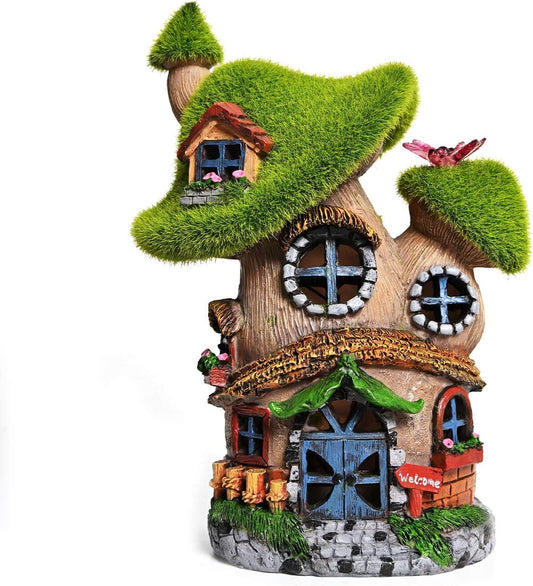 Flocked Mushroom Fairy Garden House with Solar Light,Funny Statue Sculptures for Garden Decor,Exquisite Cottage Figurines for Patio Lawn Yard Gift Decoration