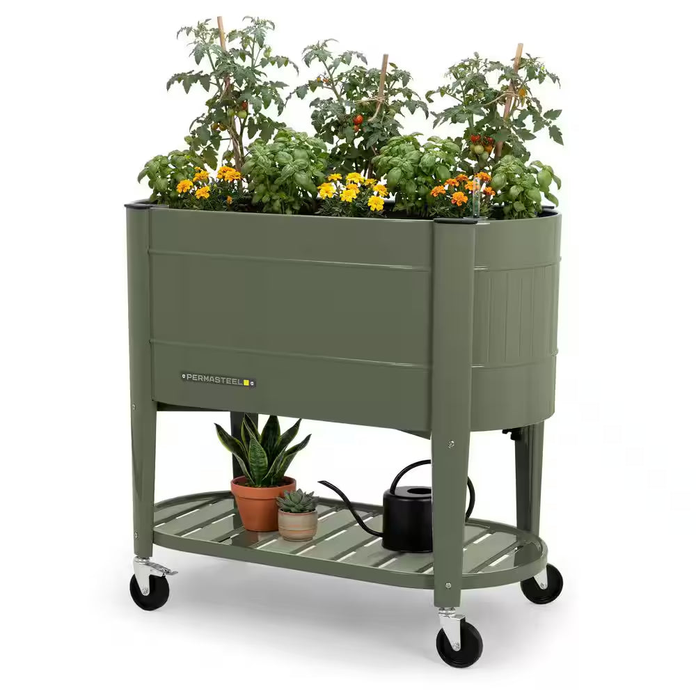 39 In. L X 19.25 In. W X 14.5 In. H Raised Steel Garden Bed with Engrow Truesoil Technology, Storage Shelf, Green
