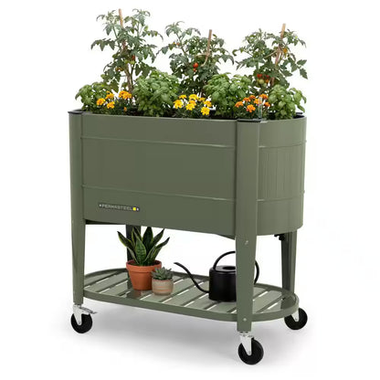 39 In. L X 19.25 In. W X 14.5 In. H Raised Steel Garden Bed with Engrow Truesoil Technology, Storage Shelf, Green