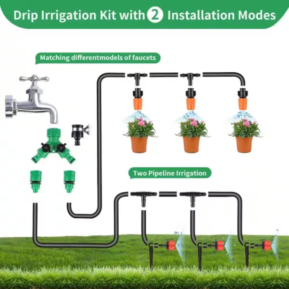 1/4 and 1/2 In. Garden Drip Irrigation Kit,Greenhouse Micro Automatic System Blank Distribution Tubing Fitting,200Pcs