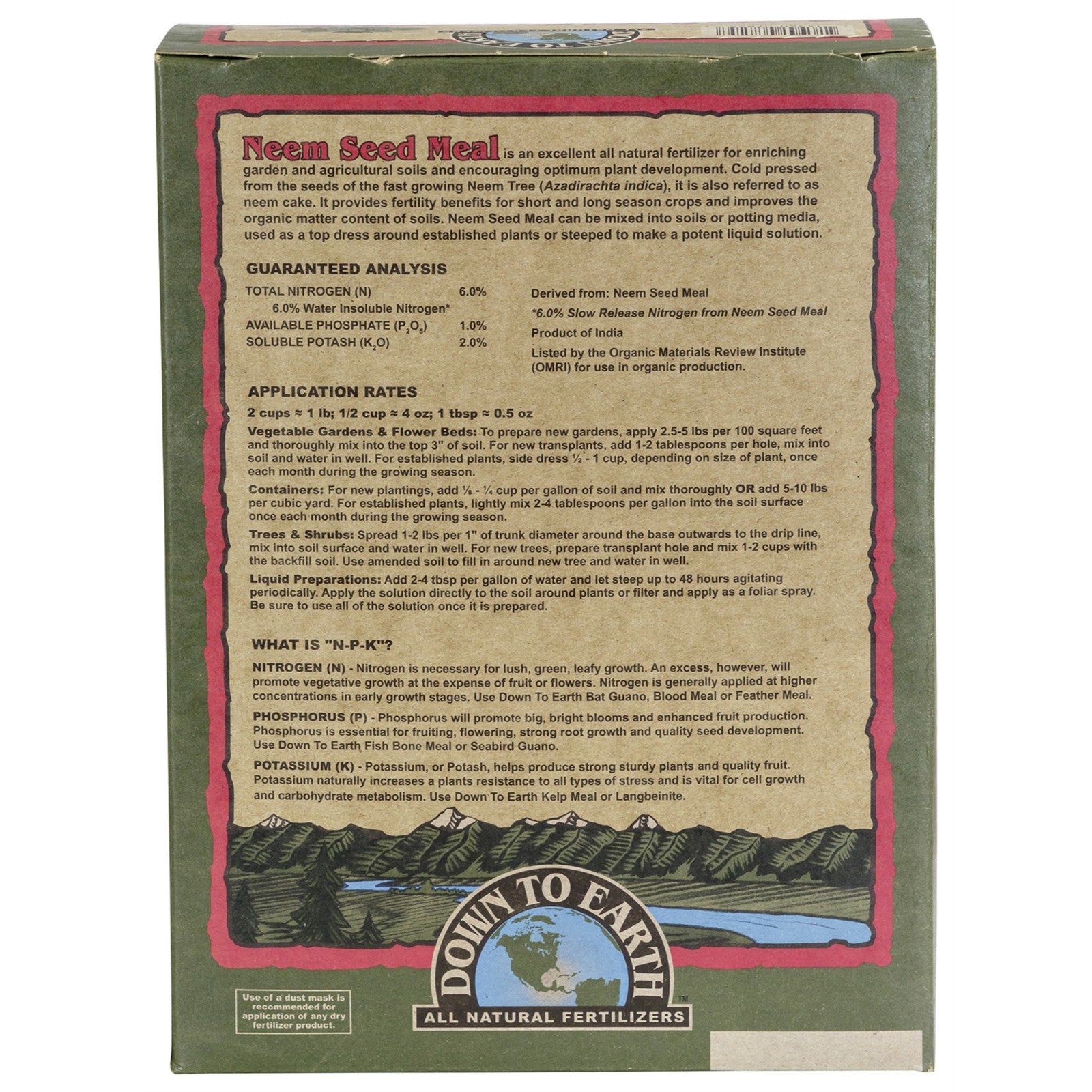 Down to Earth Organic Neem Seed Meal 6-1-2 All-Natural Fertilizer Mix, 5 Lbs