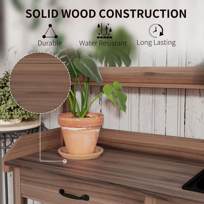 45.25 In. W X 48.5 In. H Dark Brown Potting Bench Table, Outdoor Garden Table Wooden Work Station with Removable Sink