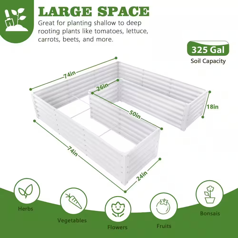 74 In. U-Shaped White Metal Planter Box Raised Garden Bed for Planting Vegetables Flowers
