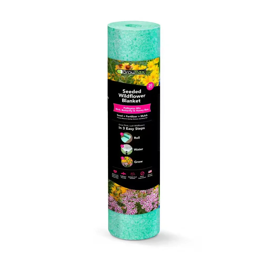 3-In-1 Seeded Wildflower Blanket 20 Sq. Ft. - Pollinator Mix, Eco-Friendly, Native Plants for Bees and Butterflies